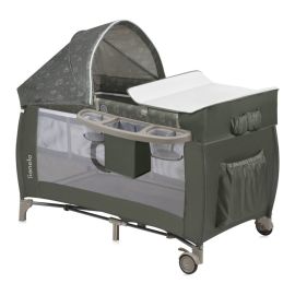 Patut pliant, Lionelo, Sven Plus, 120x60 cm, Cu doua nivele, Cu arcada jucarii, masuta de infasat, vibratii, melodii, conform cu standardele europeane de securitate EN716 si EN12221, Bej Olive