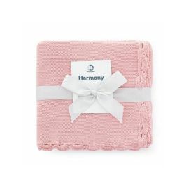 Petite&Mars - Paturica tricotata Harmony, Cu margini crosetate, Dimensiune 80x100 cm, 100% bumbac, Roz