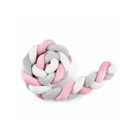 Petite&Mars - Protectie laterala patut Mellow, Bumper impletit, 180x17 cm, Alb/Roz