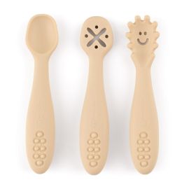 Petite&Mars - Set 3 lingurite, Diverse forme, Pentru supa, paste, alimente usoare, Dezvolta simturile si abilitatile senzoriale, Silicon, Fara BPA, 6 luni+, Bej