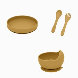 Petite&Mars - Set de hranire, Cu farfurie, Bol si tacamuri, Din silicon fara BFA, Ocru