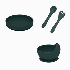 Petite&Mars - Set de hranire, Cu farfurie, Bol si tacamuri, Din silicon fara BFA, Verde inchis