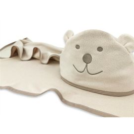 Prosop cu gluga, Qmini, Mare, Cu broderie si urechi, Dimensiune 100x100 cm, Din tricot termo-terry din bambus, Materiale certificate Oeko Tex Standard 100, Teddy Bear Beige
