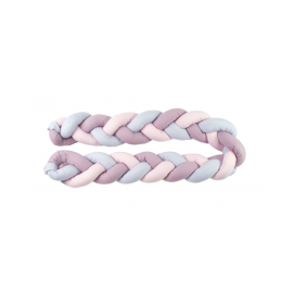 Aparatoare laterala pat Bumper impletit, Cu inchidere velcro, Bumbac Uni Gri - Lilac - Roz, 210X21 cm