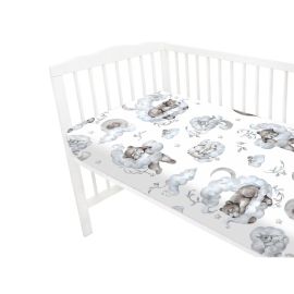 Qmini - Cearceaf cu elastic pentru patut 120x60 cm, Din bumbac certificat Oeko Tex Standard 100, Teddy Bear and Friends Blue