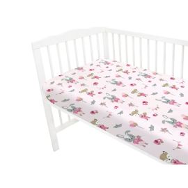 Qmini - Cearceaf cu elastic pentru patut 140x70 cm, Din bumbac, Fox and Rabbit, Pink