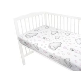 Qmini - Cearceaf cu elastic pentru patut 140x70 cm, Din bumbac, Teddy Bear with Pink Heart