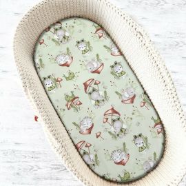 Qmini - Cearceaf cu elastic pentru patut leagan sau patut co-sleeper, Dimensiune 90x40 cm, Din bumbac certificat Oeko Tex Standard 100, Frogs