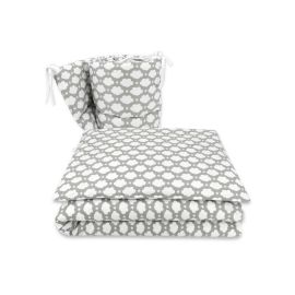 Qmini - Lenjerie patut 3 piese, Cu protectie laterala, Clouds Grey, Din bumbac, Pentru patut 140x70 cm
