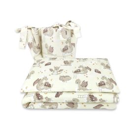 Qmini - Lenjerie patut 3 piese, Cu protectie laterala, Din bumbac certificat Oeko Tex Standard 100, Pentru patut 140x70 cm, Dragons Beige