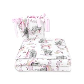 Qmini - Lenjerie patut 3 piese, Cu protectie laterala, Din bumbac certificat Oeko Tex Standard 100, Pentru patut 140x70 cm, Elephants on Rainbow Pink