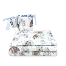 Qmini - Lenjerie patut 3 piese, Cu protectie laterala, Din bumbac certificat Oeko Tex Standard 100, Pentru patut 140x70 cm, Teddy Bear and Friends Blue