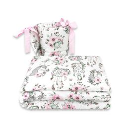 Qmini - Lenjerie patut 3 piese, Cu protectie laterala, Din bumbac, Pentru patut 120x60 cm, Dream Catcher and Anemone