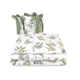 Qmini - Lenjerie patut 3 piese, Cu protectie laterala, Din bumbac, Pentru patut 120x60 cm, Safari