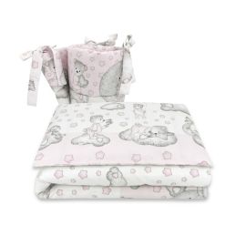 Qmini - Lenjerie patut 3 piese, Cu protectie laterala, Din bumbac, Pentru patut 120x60 cm, Teddy Bear with Pink Heart