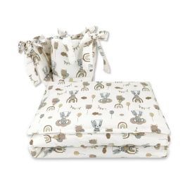 Qmini - Lenjerie patut 3 piese, Cu protectie laterala, Din bumbac, Pentru patut 120x60 cm, Teddy Bears on Rainbow, Beige