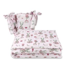 Qmini - Lenjerie patut 3 piese, Cu protectie laterala, Din bumbac, Pentru patut 140x70 cm, Teddy Bears on Rainbow, Pink