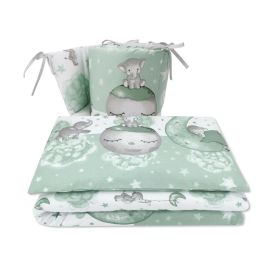 Qmini - Lenjerie patut 3 piese, Cu protectie laterala, Elephant Mint, Din bumbac, Pentru patut 140x70 cm