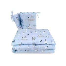 Qmini - Lenjerie patut 3 piese, Cu protectie laterala, Indian Blue, Din bumbac, Pentru patut 140x70 cm