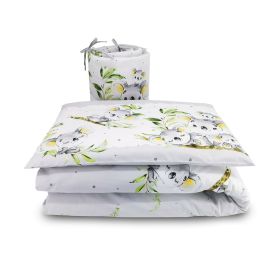 Qmini - Lenjerie patut 3 piese, Cu protectie laterala, Koala Bear Grey, Din bumbac, Pentru patut 140x70 cm