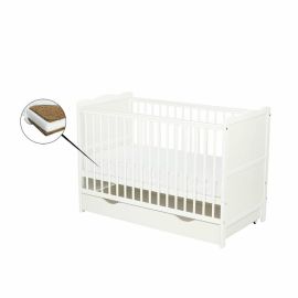 Qmini - Patut din lemn Julia 120x60 cm, multifunctional, cu sertar, Alb + Saltea 12 cm