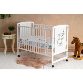 Qmini - Patut din lemn Timmi Elephant 120x60 cm, Din lemn de pin si mdf, Stabil si rezistent, Inaltime saltea reglabila pe 3 nivele, Laterala cu 3 bete detasabile, EN716-1, EN716-2, Alb + Saltea 10 cm