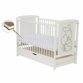 Qmini- Patut din lemn Timmi Heart 120x60 cm, Cu sertar, Din lemn de pin, MDF, Somiera reglabila, Alb + Saltea 8 cm