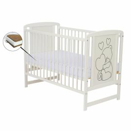 Qmini- Patut din lemn Timmi Heart 120x60 cm, Din lemn de pin, MDF, Somiera reglabila, Alb + Saltea 10 cm