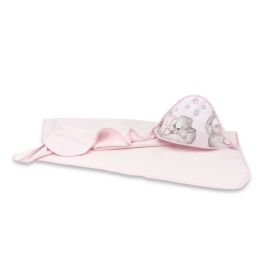 Qmini - Prosop mare cu gluga, Dimensiune 100x100 cm, Din bumbac si thermo fleece, Materiale certificate Oeko Tex Standard 100, Teddy Bear with Pink Heart