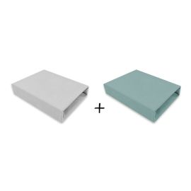 Qmini - Set 2 cearceafuri cu elastic pentru patut leagan sau patut co-sleeper, 90x40 cm, Din bumbac, Material certificat Oeko Tex Standard 100, Grey and Dark Mint