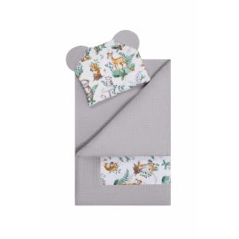Qmini - Set 2 piese pentru patut, carucior si cosulet, Cu paturica si pernuta cu urechi, Din bumbac, Tesatura Waffle, Forest Animals