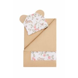 Qmini - Set 2 piese pentru patut, carucior si cosulet, Cu paturica si pernuta cu urechi, Din bumbac, Tesatura Waffle, Rabbit Beige