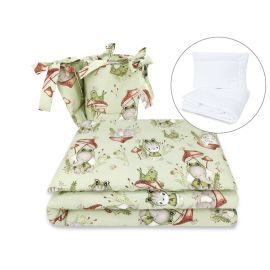 Qmini - Set lenjerie patut 5 piese, Cu pilota si perna, Din bumbac certificat Oeko Tex Standard 100, Pentru patut 120x60 cm, Frogs