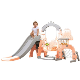 Tobogan MyKids cu leagan, cos de baschet si poarta Pink