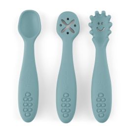 Set 3 lingurite, Petite&Mars, Take&Match, Din silicon, Diverse forme, Pentru supa, paste, alimente usoare, Dezvolta simturile si abilitatile senzoriale, Adecvate pentru masina de spalat vase, Fara BPA, 6 luni+, Frosted Sky, Albastru