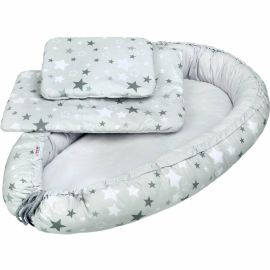 Set 3 piese, Baby Nest, Cu paturica si pernuta, New Baby, White/Grey stars