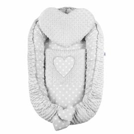 Set 3 piese Luxury, Baby Nest cu doua fete, Cu paturica si pernuta in forma de inima, New Baby, Minky Heart Grey