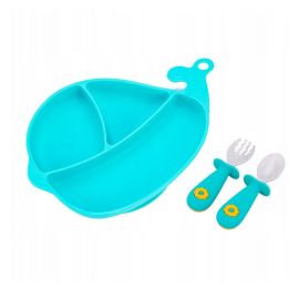 Set de masa, Giligums, Balena, Cu farfurie, Cu 2 tacamuri, Din silicon, Fara BPA, 6 luni+, Albastru