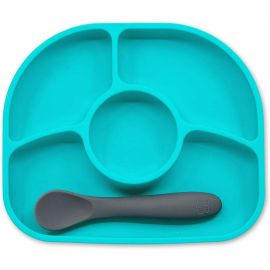 Set de masa, Yumi, Farfurie compartimentata si lingurita, Cu 4 compartimente, Fara BPA, Bbluv, Aqua