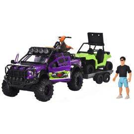 Set Dickie Toys Country Trail 2 masinute, motocicleta, figurina si remorca