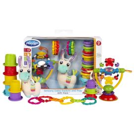 Set jucarii interactive, Playgro, Include 6 cupe pentru stivuire, 6 inele, o jucarie din plus si o jucarie cu ventuza, 6 luni+, Sensory Llama Explore and Play Gift Pack