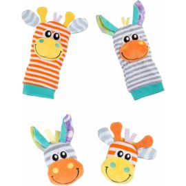 Set jucarii zornaitoare, Playgro, Include sosete interactive si 2 bratari, Inchidere cu velcro, Stimuleaza dezvoltarea senzoriala si tactila, 6 luni+, Jungle Wrist Rattle and Foot Finder