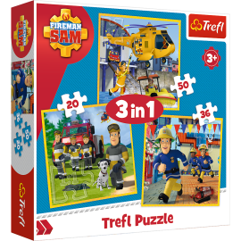 Set puzzle 3 in 1 Trefl Fireman Sam, Pompierul Sam in actiune, 1x20 piese, 1x36 piese, 1x50 piese
