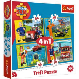 Set puzzle 4 in 1 Trefl Fireman Sam, Pompierul Sam in ajutor, 1x35 piese, 1x48 piese, 1x54 piese, 1x70 piese