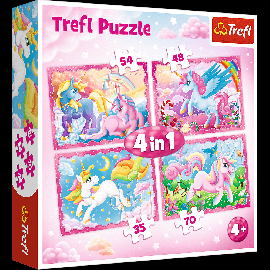 Set puzzle 4 in 1 Trefl Lumea magica a unicornilor, 1x35 piese, 1x48 piese, 1x54 piese, 1x70 piese