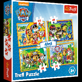Set puzzle 4 in 1 Trefl Paw Patrol, Mereu punctual, 1x35 piese, 1x48 piese, 1x54 piese, 1x70 piese