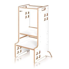 Turn de invatare Montessori, Lionelo, Cass, Functie de raft pentru carti, Pana la 30 kg, 12 luni - 6 ani, Din MDF si furnir, 3 trepte de inaltime, Alb