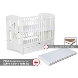 Patut cu sertar KLUPS Safari Giraffe Alb + Saltea 8 Mykids Confort II