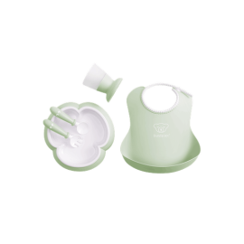 BabyBjorn - Set hranire: farfurie, lingurita, furculita, pahar si bavetica pentru bebe, Powder Green