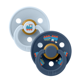 BIBS - Set 2 suzete Colour Studio Collection Holiday Train Steel, tetina rotunda, 0 luni+, Baby Blue